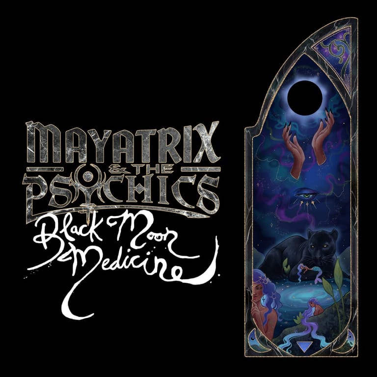 Mayatrix and the Psychics album artwork featuring ornate illustrated panel with mystical figures and celestial imagery against black background.