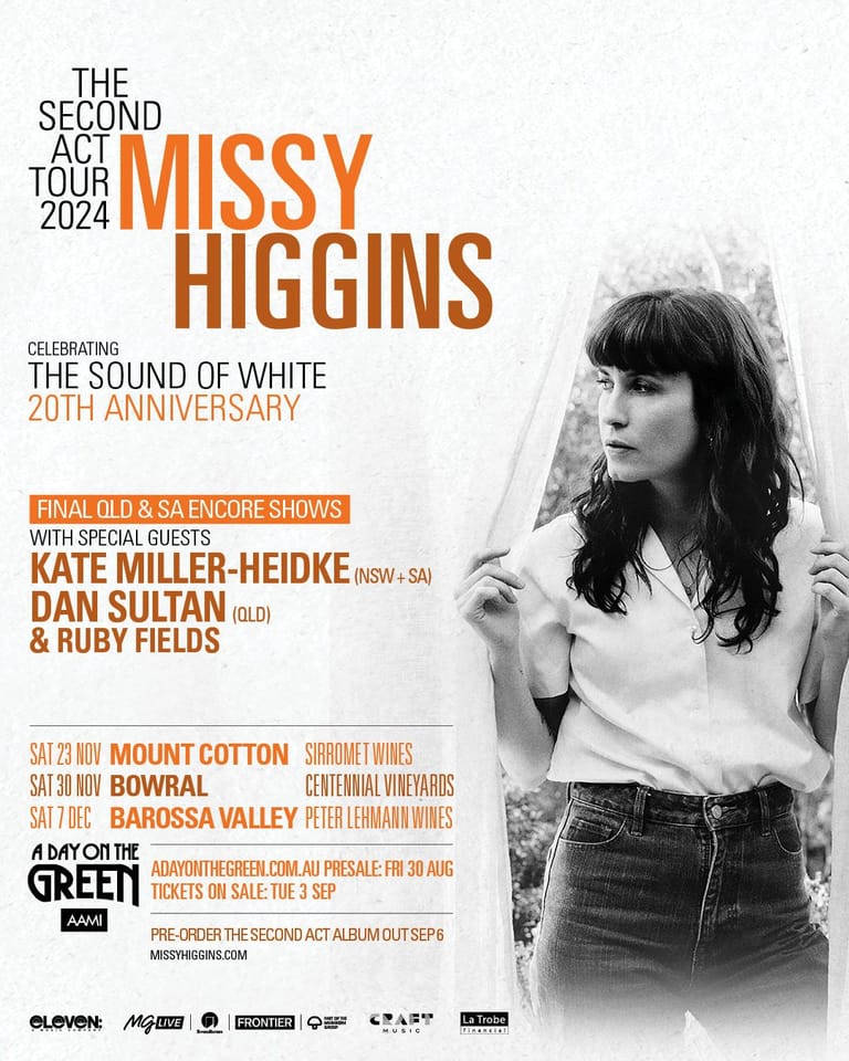 Missy Higgins poster for The Second Act Tour 2024, featuring black-and-white portrait of the artist against tour dates and venue information.