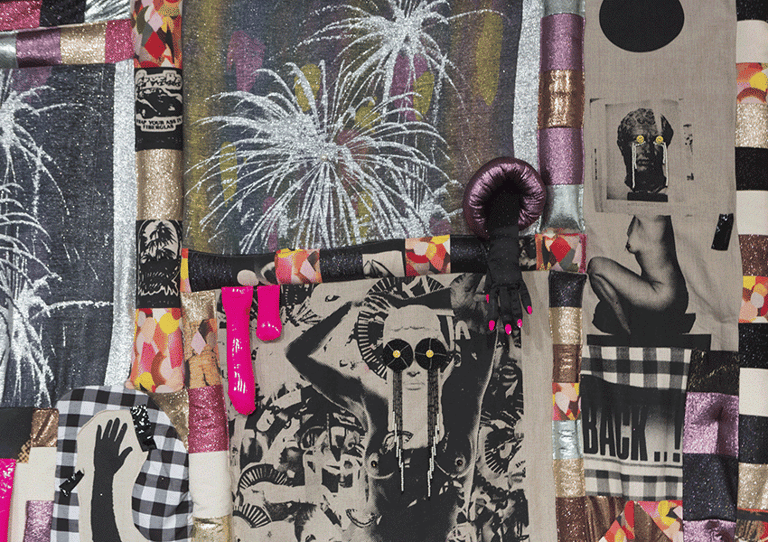 Collage artwork featuring bold graphic elements, fireworks, checkered patterns, and vibrant pink accents on mixed media background.