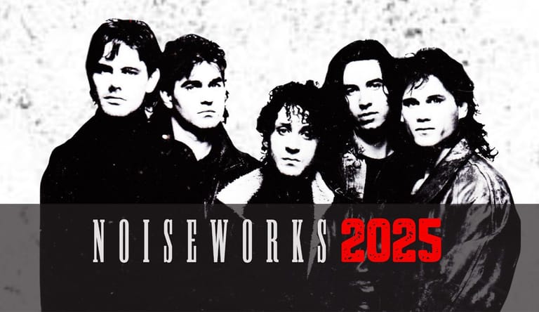Five band members posed together in black and white with "NOISEWORKS 2025" text overlay in red and white.