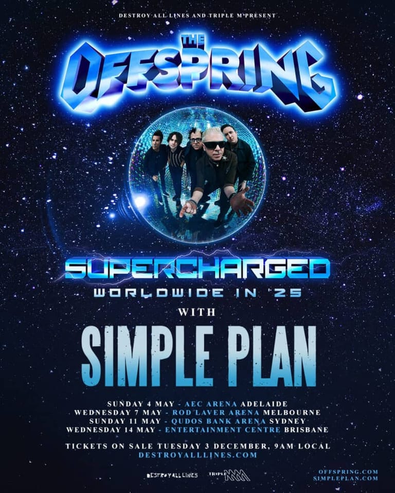 Neon blue "Deepspring" logo with band members in a glowing sphere against a starry background, advertising Australian tour dates with Simple Plan.