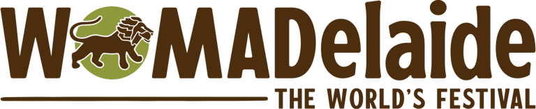 WOMADelaide logo featuring brown text with a stylised lion head in a green circle.