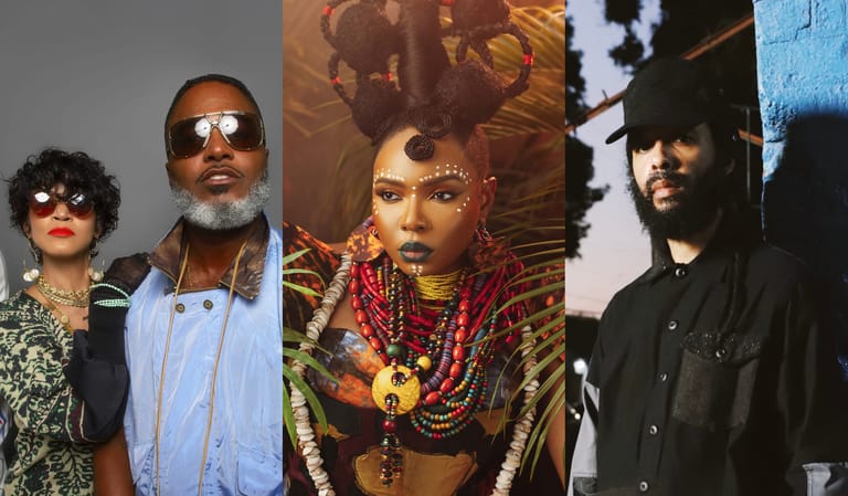 Four musicians wearing sunglasses and bold styling pose against colourful backdrops in a composite portrait.