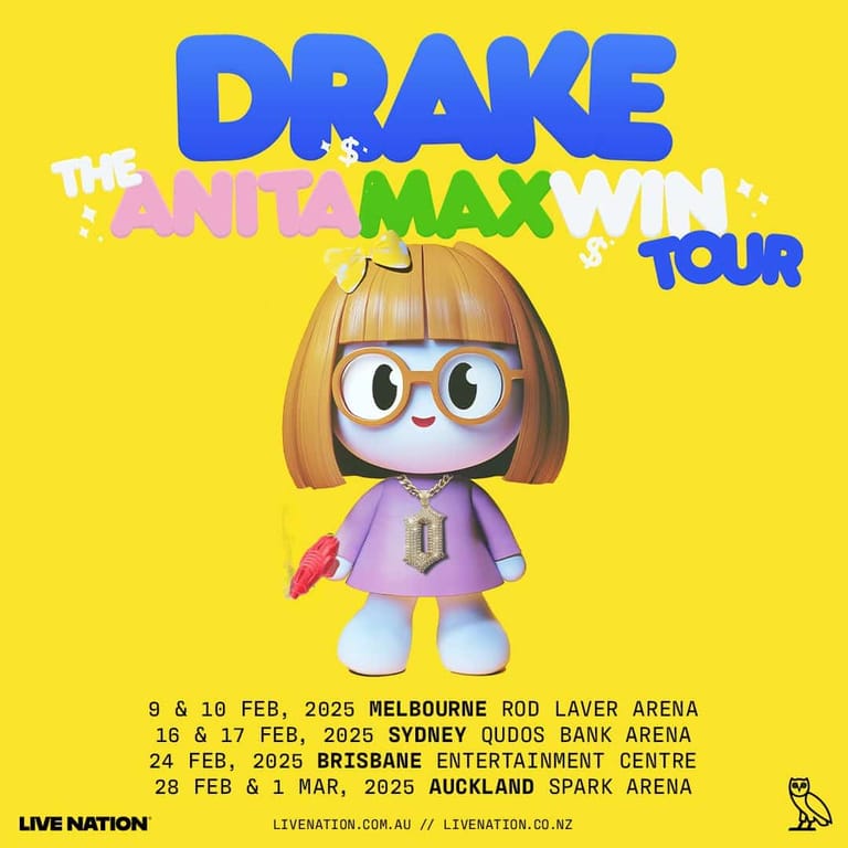 Animated character with bob haircut and large eyes in purple outfit against bright yellow background with Drake and Max tour dates.
