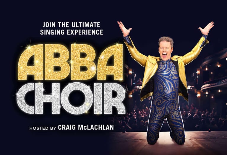 Performer in gold and blue sequinned outfit with arms raised triumphantly beside ABBA Choir promotional text.