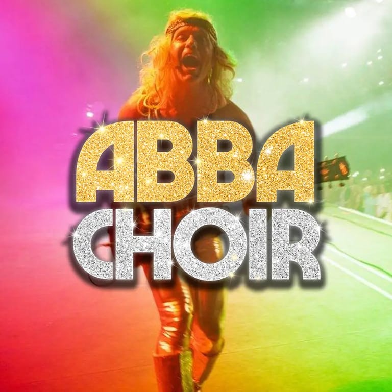 Performer in sequined gold outfit against vibrant rainbow-gradient stage lighting with "ABBA CHOIR" text overlay.