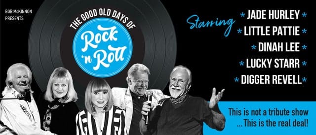 Five performers in black and white clothing pose with vinyl records behind a blue "Rock and Roll" logo.