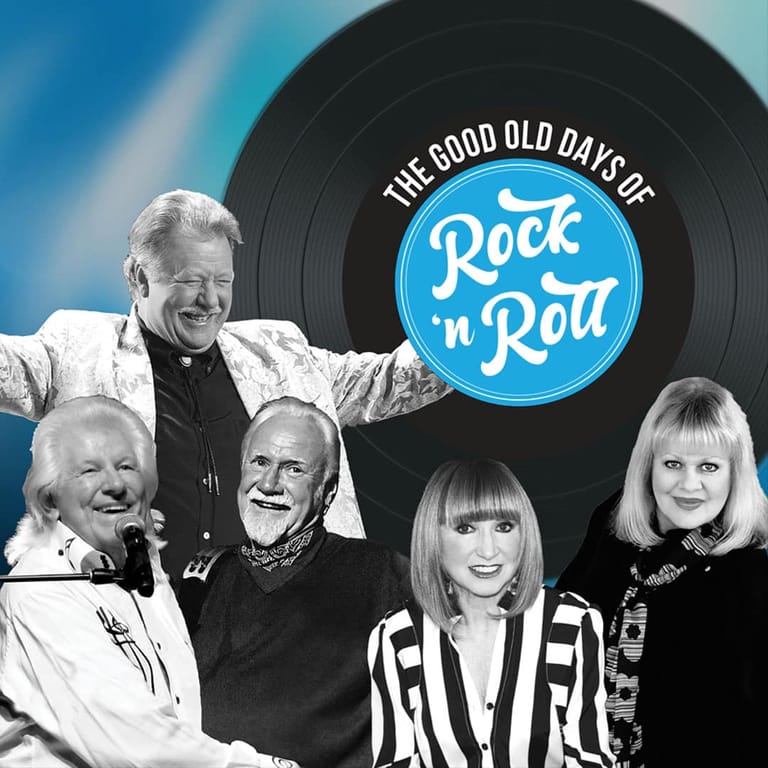 Five performers posed in front of a giant vinyl record with "The Good Old Days of Rock 'n' Roll" logo against a blue sky backdrop.