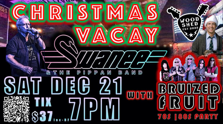 Colourful promotional poster for Christmas Vacay event featuring neon text, performer images, and event details in purple and pink tones.