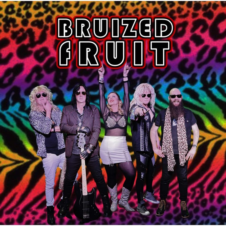 Five band members pose against a vibrant rainbow leopard-print backdrop with "Bruized Fruit" text overlay.
