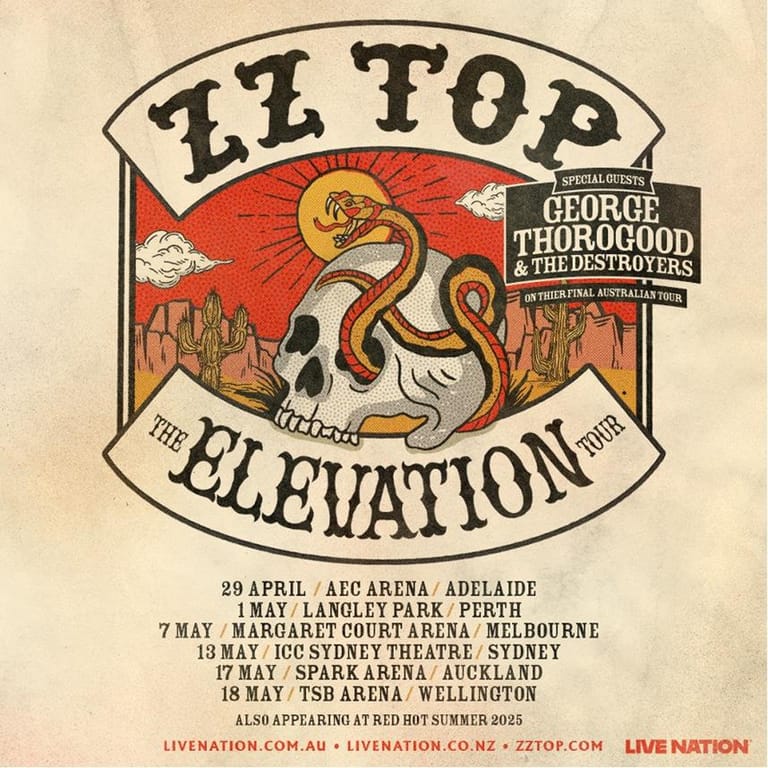 Vintage-style tour poster for ZZ Top's "Elevation" tour featuring a red serpent illustration and desert landscape imagery.