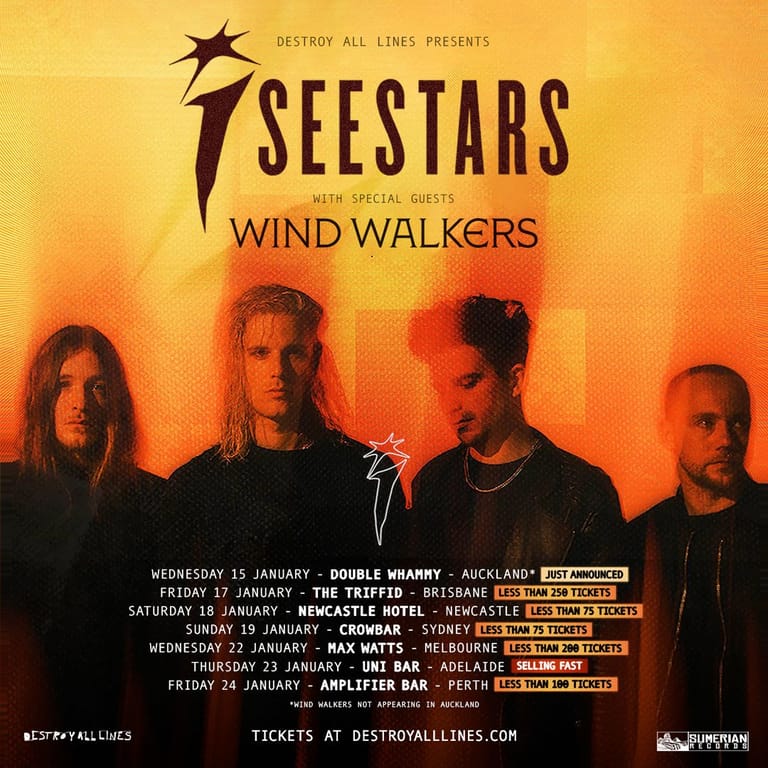 Four band members stand silhouetted against an orange and yellow gradient backdrop for the Seestars Australian tour poster with Wind Walkers.