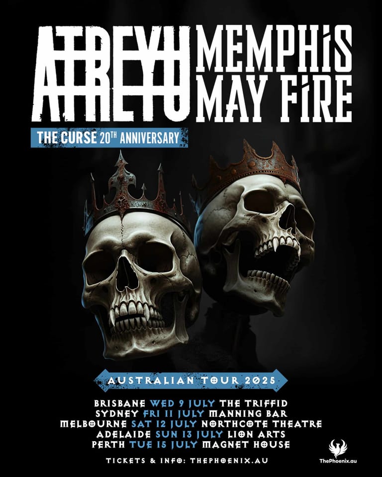 Two crowned skulls with dramatic lighting promote Atreto, Memphis May Fire and The Curse's 20th anniversary Australian tour in 2025.