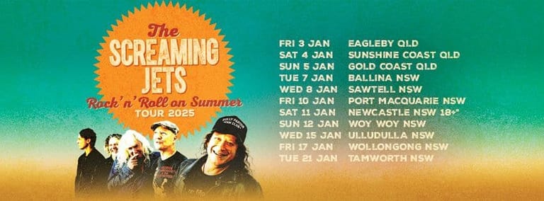 The Screaming Jets band members posed together with tour dates listed for Australian venues across January.