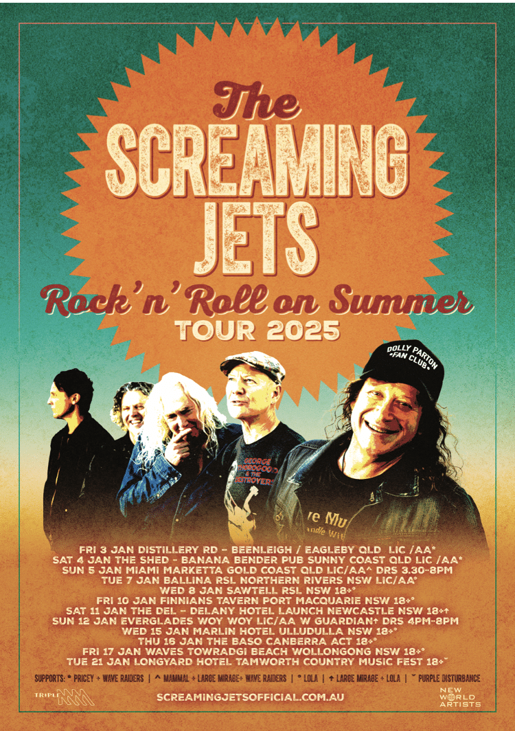 The Screaming Jets pose against an orange sunburst on a retro-style tour poster for their 2025 Rock'n'Roll on Summer Australian dates.