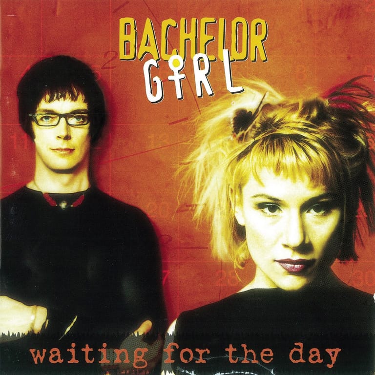 Bachelor Girl album cover featuring two band members against a red background with yellow title text.