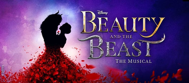 Silhouetted figure in red gown against purple atmospheric backdrop with Beauty and the Beast musical title text.