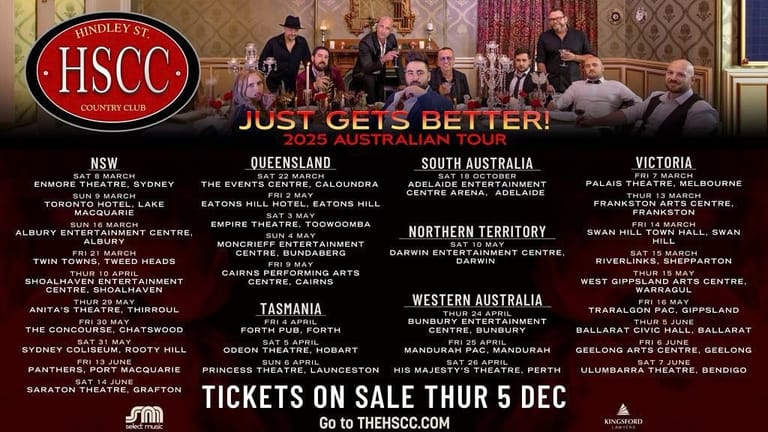 HSCC choir ensemble cast promotion poster featuring multiple performers arranged on stage with regional Australian tour dates listed.