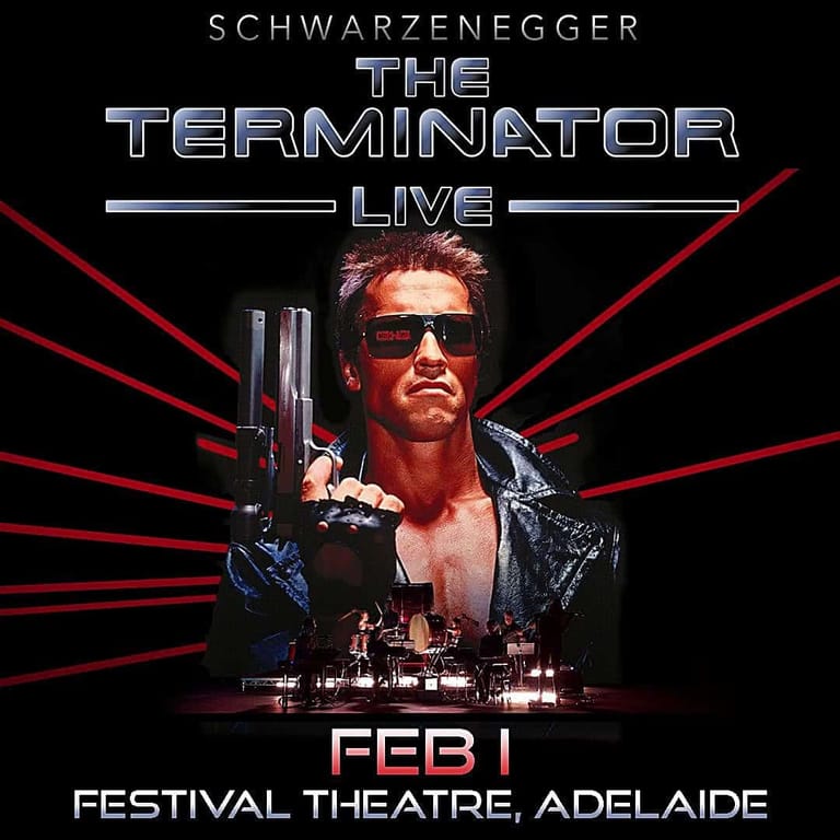 Man in sunglasses and leather jacket holding weapons against red laser backdrop for The Terminator Live show.