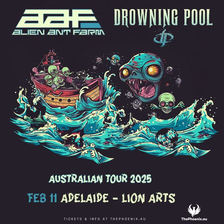 Alien Ant Farm and Drowning Pool Australian tour 2025 poster featuring vibrant neon creatures emerging from turquoise waves against a dark background.