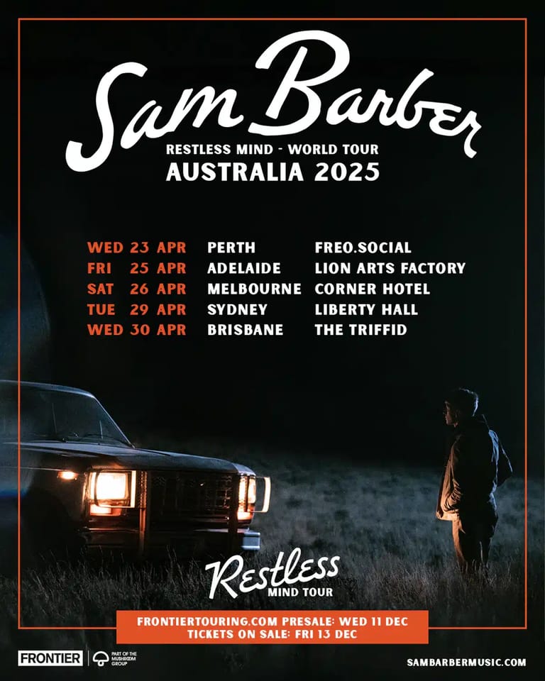 Figure standing in dark field before illuminated vehicle headlights, Sam Barber Australia tour poster 2023.