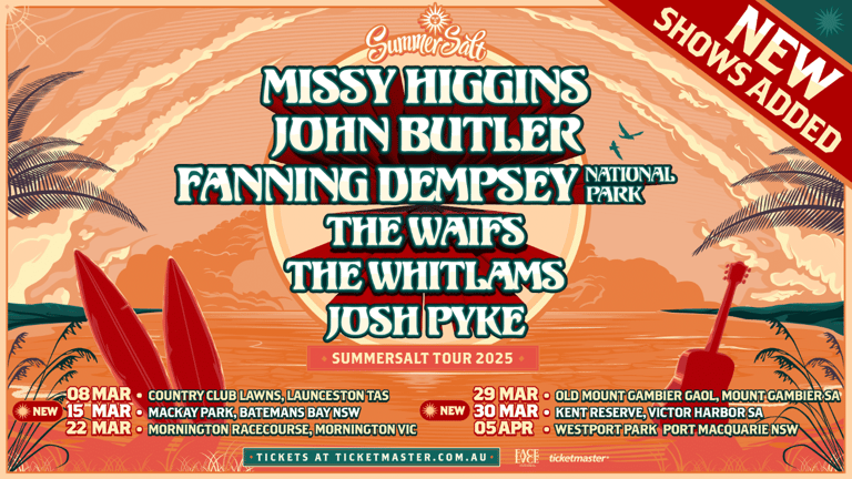 Orange poster advertising a summer tour featuring Missy Higgins, John Butler, Fanning Dempsey and other artists across Australian venues.