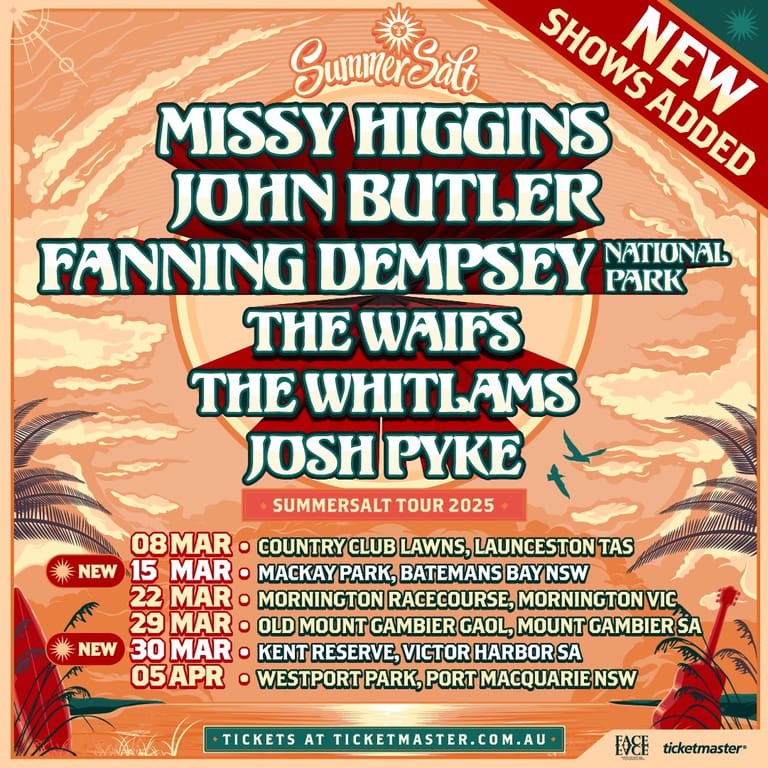 Summer Salt tour poster featuring Missy Higgins, John Butler, Fanning Dempsey and other artists with Australian tour dates listed.