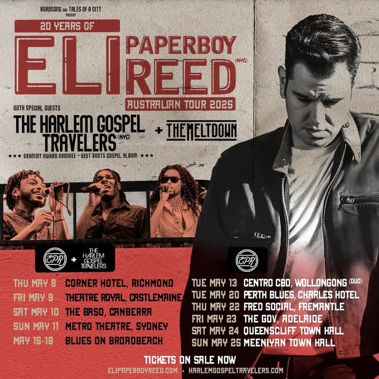 Tour promotional poster for Eli Paperboy Reed's Australian dates featuring the artist's portrait and supporting act details.