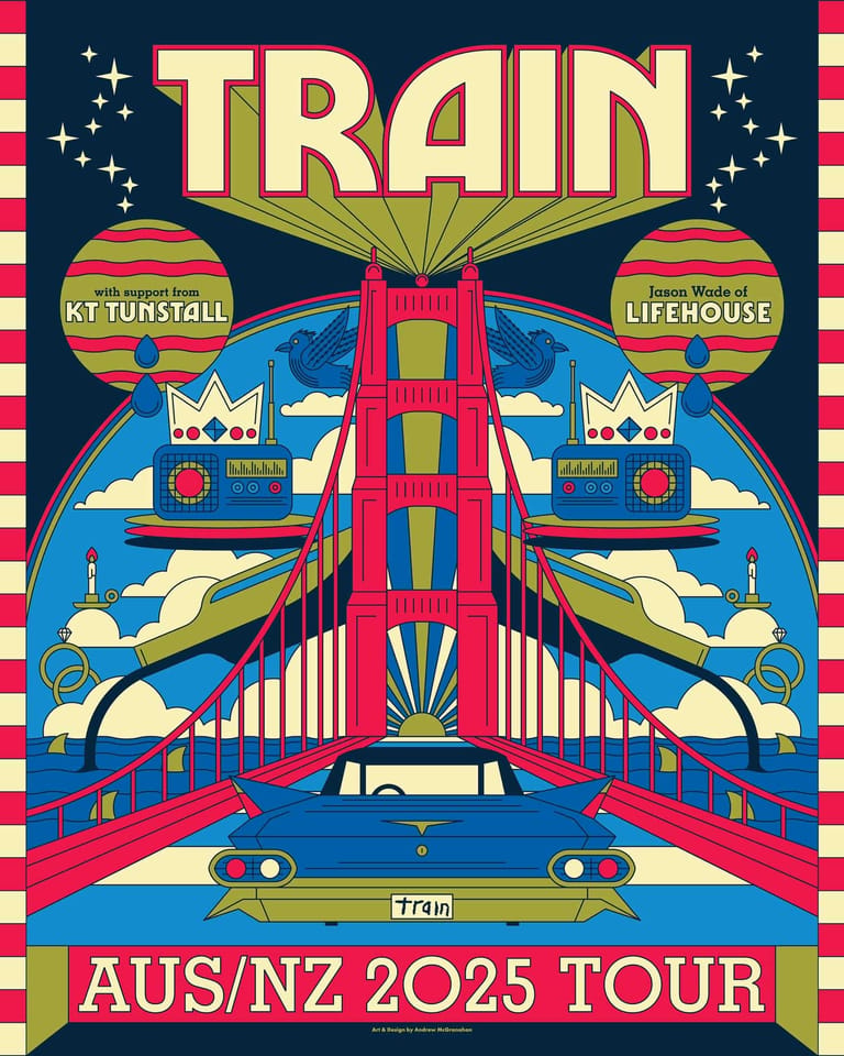 Vibrant tour poster for Train featuring a stylised red train, Golden Gate Bridge imagery, and retro-inspired graphic design in bold colours.