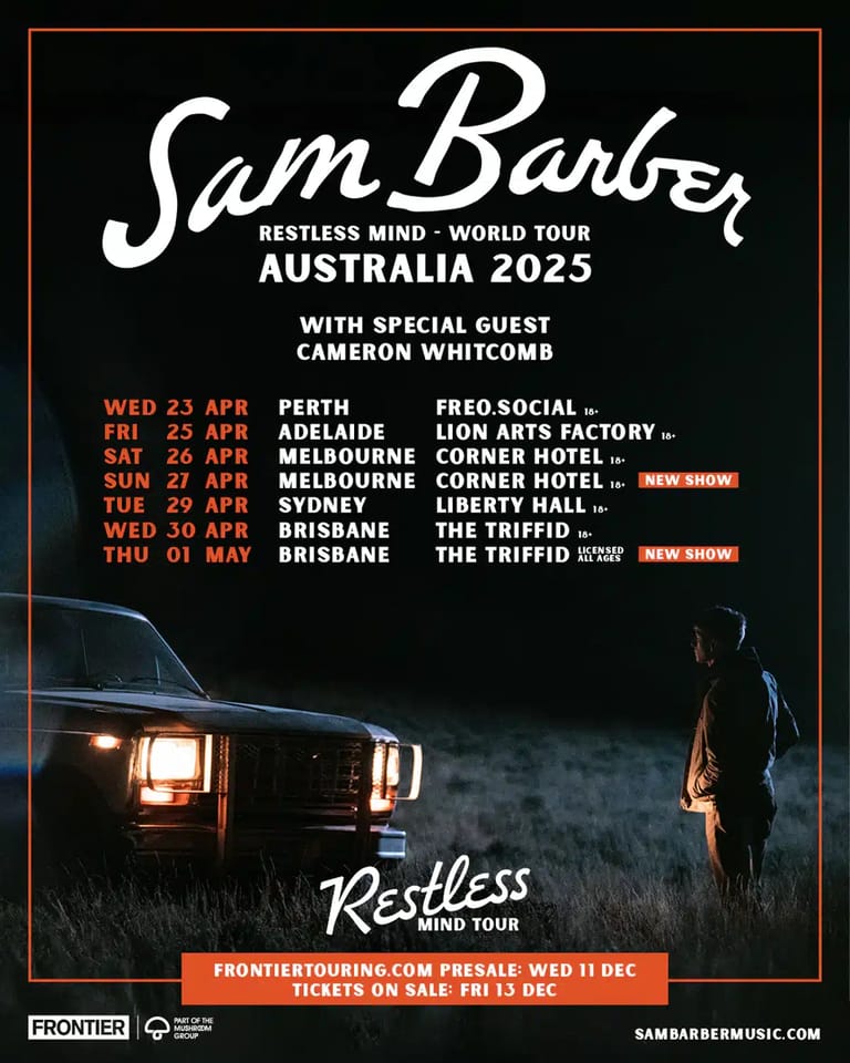 Sam Barber tour poster featuring a figure standing beside a car with headlights on at night, promoting the Restless Mind World Tour Australia 2023.