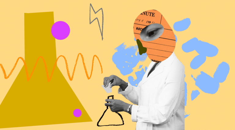 Person wearing VR headset and white coat gestures amid geometric shapes and abstract design elements on yellow background.