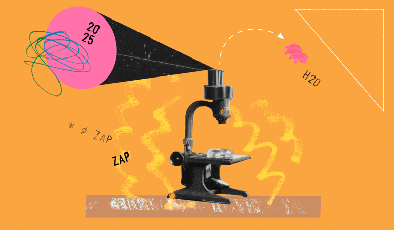 Microscope with pink circular element and geometric shapes on orange background, illustrating scientific research or discovery.