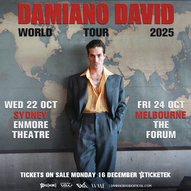 Damiano David stands before a world map promoting his 2025 tour dates in Sydney and Melbourne.