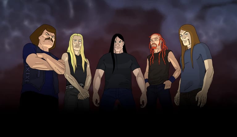 Five animated band members with varied hair colours stand together against a dark, moody background.