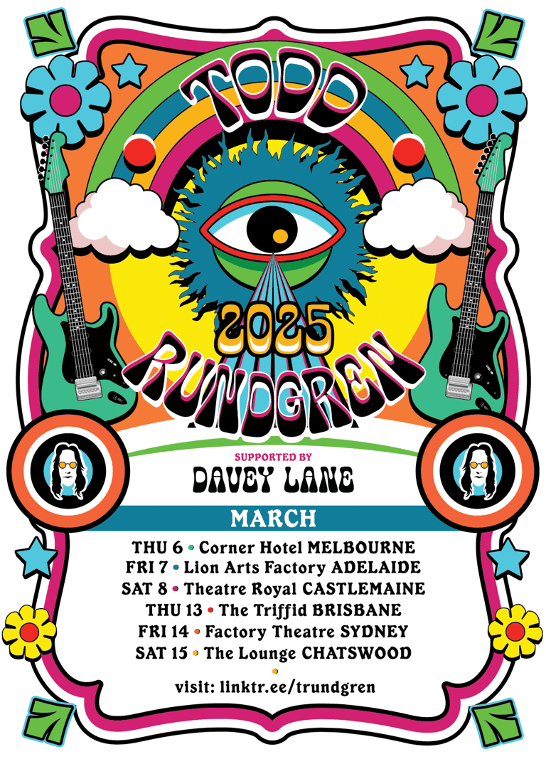 Psychedelic poster for 2025 Grundgroan tour featuring a vibrant eye design, supported by Davey Lang, with Australian tour dates listed.