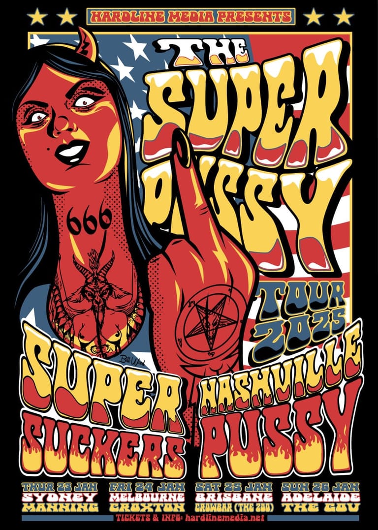 Vintage concert poster featuring red demon-faced figure with occult imagery promoting The Super Pussy tour, Nashville and other dates.