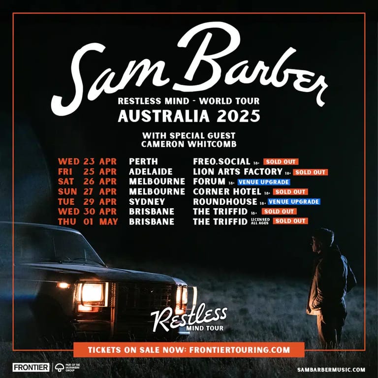 Sam Barber tour poster listing Australia 2025 dates across major cities with venue and ticket information displayed.