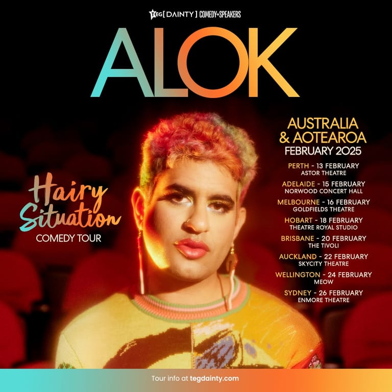 Person with pink-tinted short hair in yellow shirt against warm red-orange lighting for Alok's "Hairy Situation" comedy tour poster.