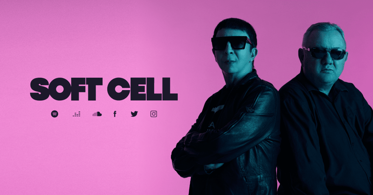 Two figures in sunglasses and dark jackets stand against a vibrant pink background with "SOFT CELL" text.