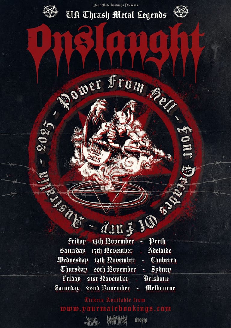 Onslaught tour poster featuring a demonic skeleton figure within a red pentagram circle against a dark background.