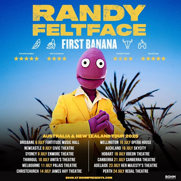 Purple puppet character in yellow suit against blue sky, promotional poster for Randy Feltface's First Banana tour.