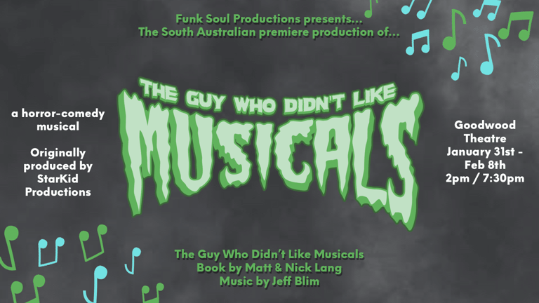 Neon green "MUSICALS" title with musical notes on dark background, promotional poster for horror-comedy musical production.