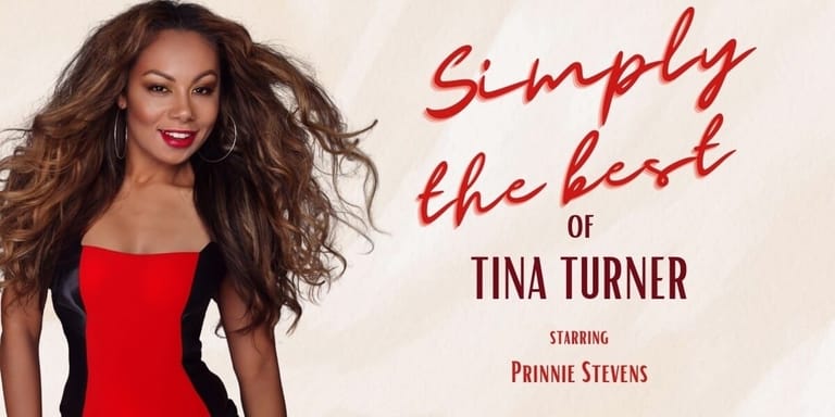Woman in red dress with long dark hair against cream background, text reading "Simply the Best: A Tina Turner" tribute show.
