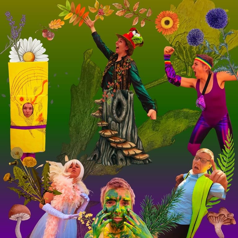Colourful theatrical scene with performers in vibrant costumes surrounded by oversized flowers and whimsical garden props against a green backdrop.