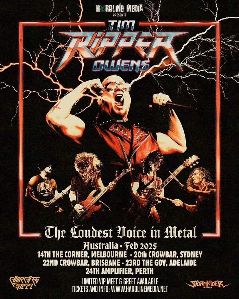 Metal band Tim Ripper Owens performs with guitarists against a neon-framed stage backdrop with lightning effects.