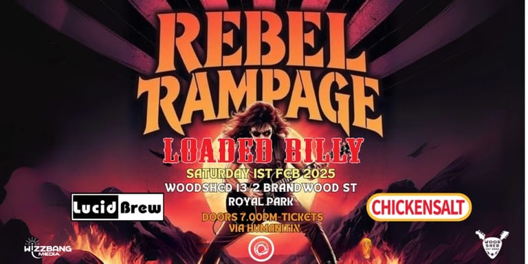 Rebel Rampage festival poster featuring bold orange lettering and flaming imagery against a dark purple background with sponsor logos.