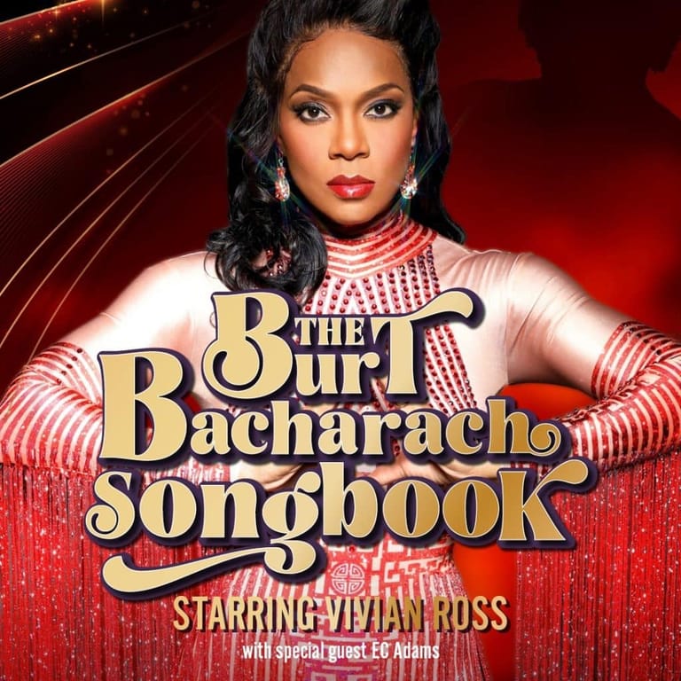 Woman in a white and pink beaded outfit against a red backdrop with "The 8 Out Bacharach Songbook" text overlay.