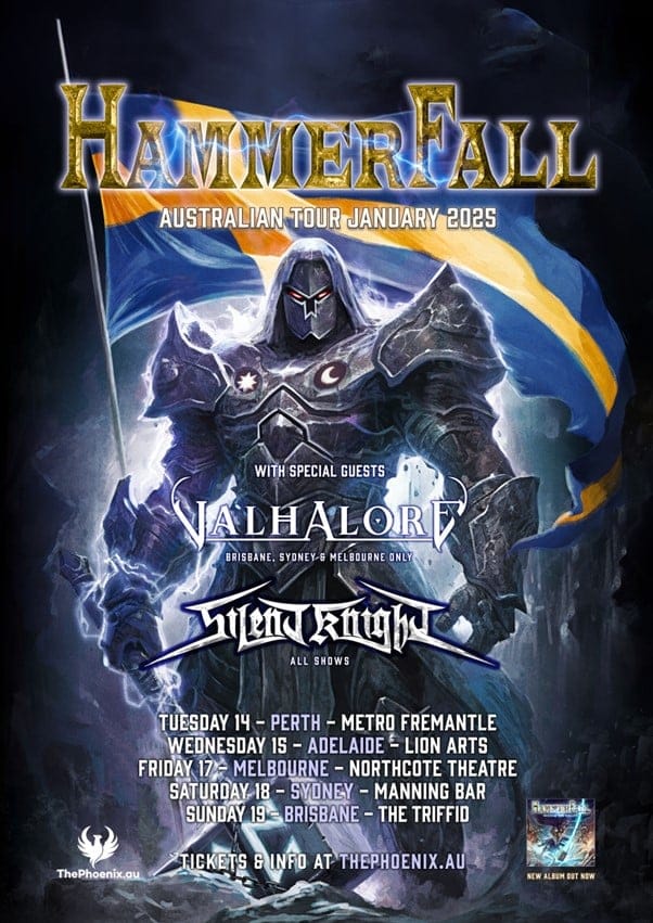 Hammerfall tour poster featuring armoured warrior figure with blue and gold banner, listing Australian dates January 2025 with support acts Valhalore and Witch Knight.