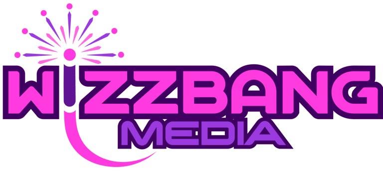 Wizzbang Media logo featuring purple and magenta text with a starburst design.