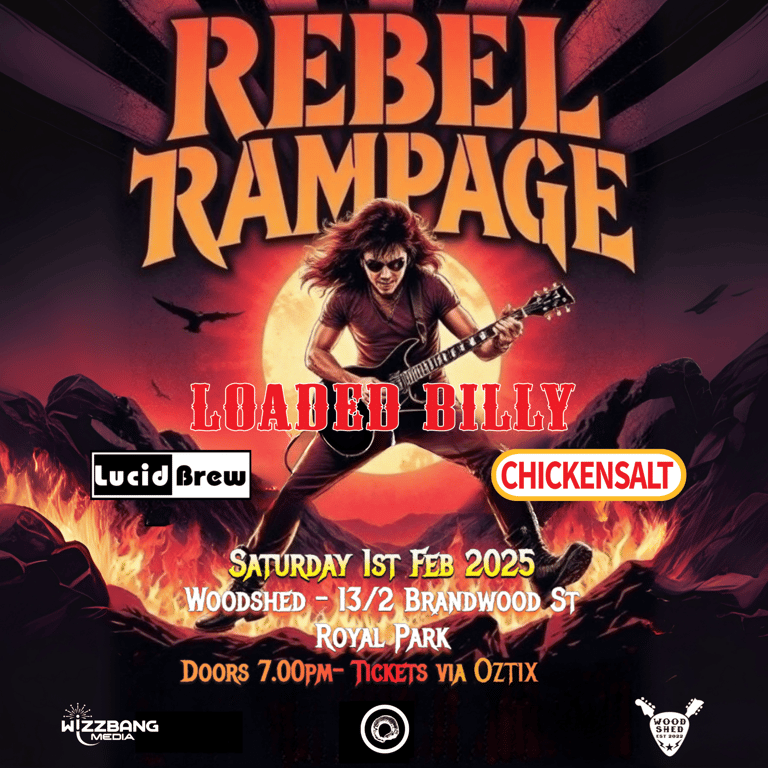 Guitarist performing against a fiery orange and red backdrop with "Rebel Rampage" text and tour details for a live music event.